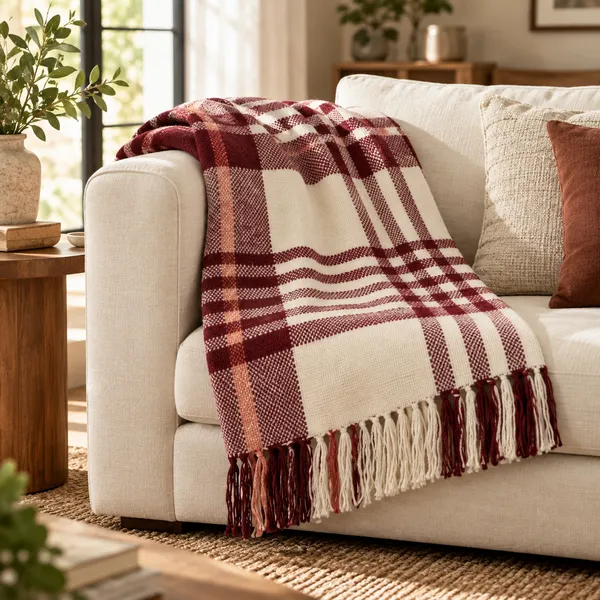 Maroon_Plaid_Fringed_Throw_For_Home
