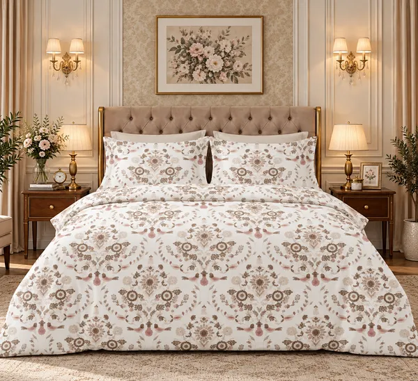 White_and_Peach_Floral_Print_King_Size_Bedsheet