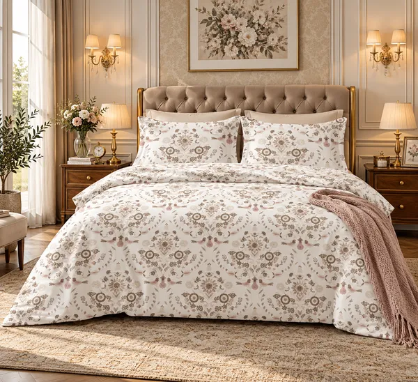 White_and_Peach_Floral_Print_King_Size_Bedsheet