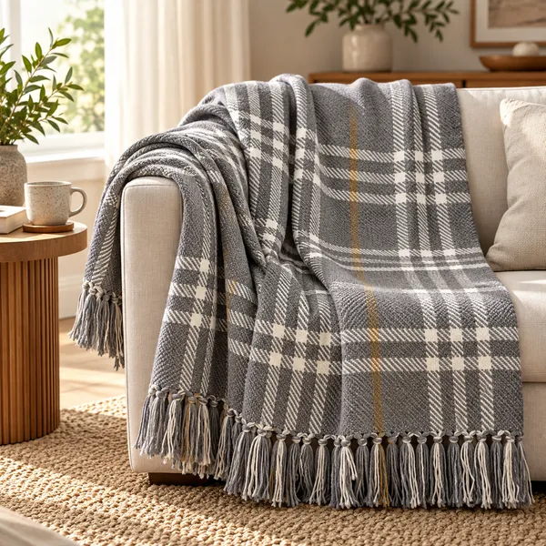 HandLoom_Plaid_100%_Pure_Cotton_Throw_with_self_fringes
