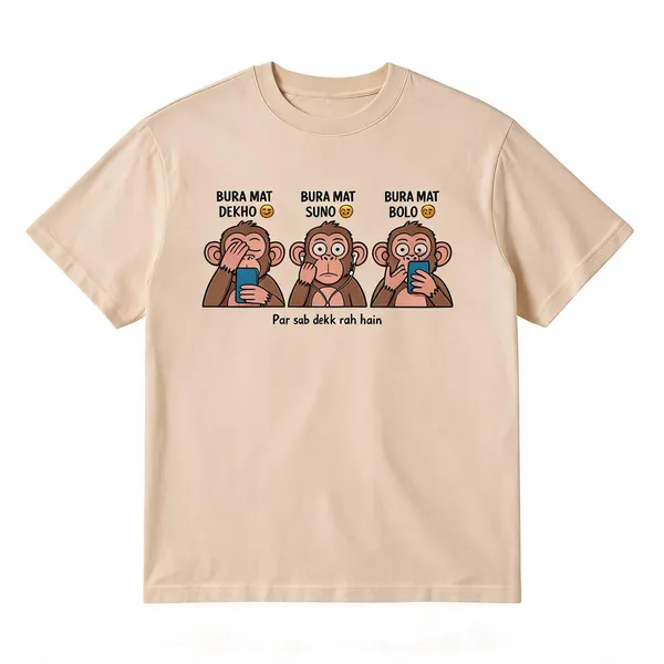 Bura_Mat_Dekho_Suno_Bolo_Funny_T_Shirt_Par_Sab_Dekh_Raha_Hoon_Meme_Tee_Almond