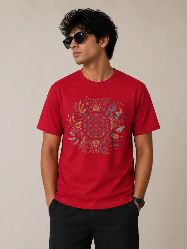 cosmic-mandala-graphic-t-shirt-spiritual-abstract-art-tee-streetwear-cotton-t-shirt-for-men-and-women-Red-XL