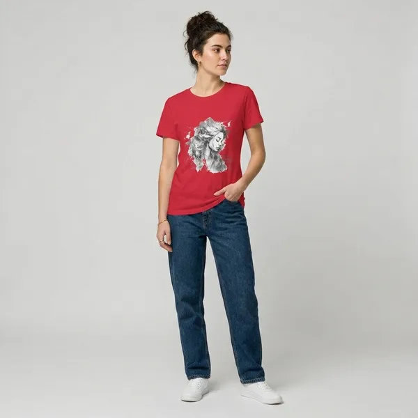 Womens_Curved_Fit_Graphic_T_Shirt_Artistic_Girl_Portrait_Print_Soft_Cotton_Aesthetic_Tee_Red