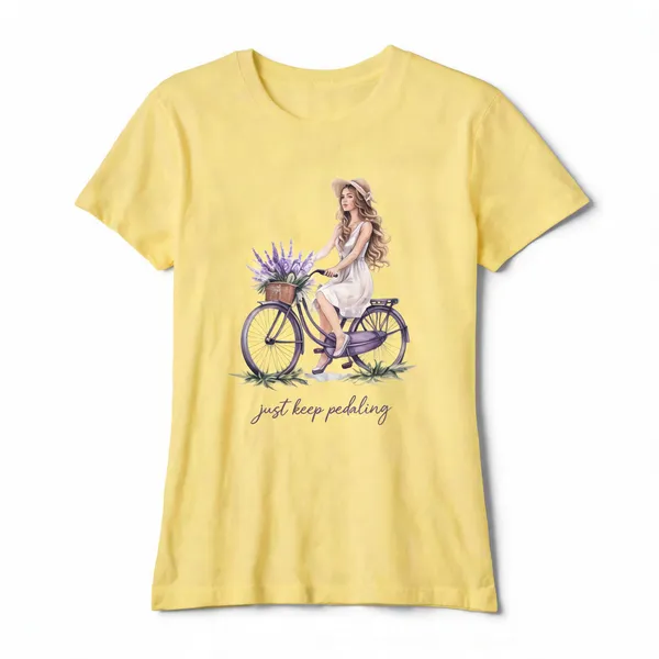 Womens_Regular_Fit_Graphic_T_Shirt_Just_Keep_Pedaling_Bicycle_Print_Soft_Cotton_Casual_Tee_Butter_Yellow