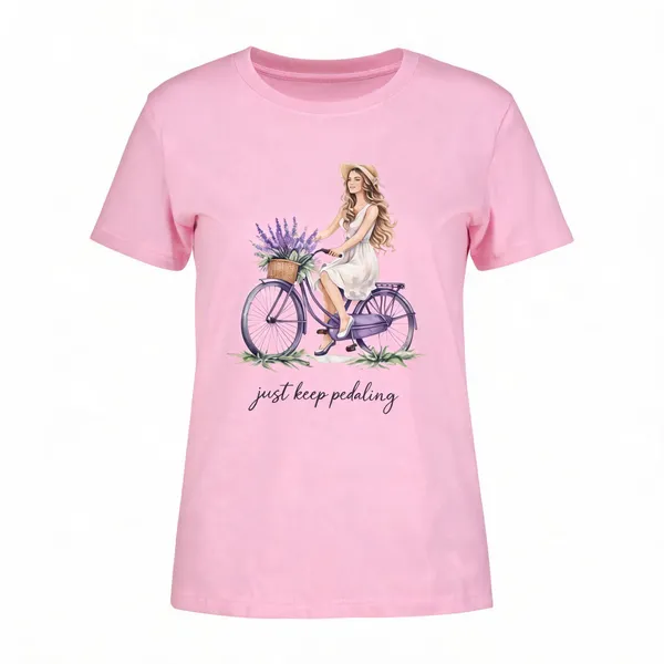 Womens_Regular_Fit_Graphic_T_Shirt_Just_Keep_Pedaling_Bicycle_Print_Soft_Cotton_Casual_Teeight_Pink