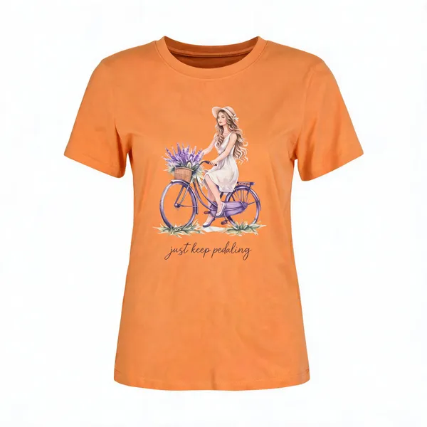 Womens_Regular_Fit_Graphic_T_Shirt_Just_Keep_Pedaling_Bicycle_Print_Soft_Cotton_Casual_Tee_Mustard_Yellow
