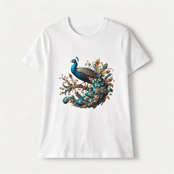 Womens_Regular_Fit_Peacock_Graphic_T_Shirt_Elegant_Artistic_Print_Soft_Cotton_Casual_Tee_White