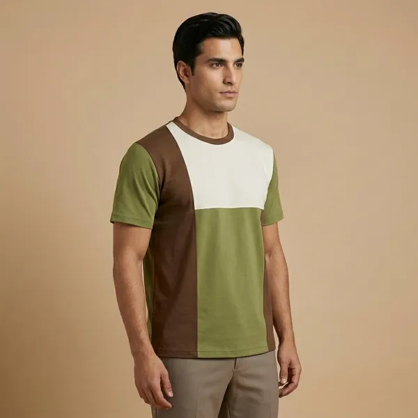 Olive_Green_And_Brown_Premium_Cotton_Blend_T-Shirt_For_Men