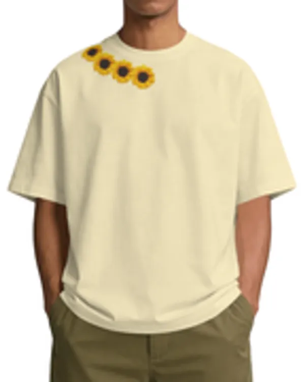 Beige_Cotton_Sunflower_Bloom_Oversized_T-Shirt_For_Men