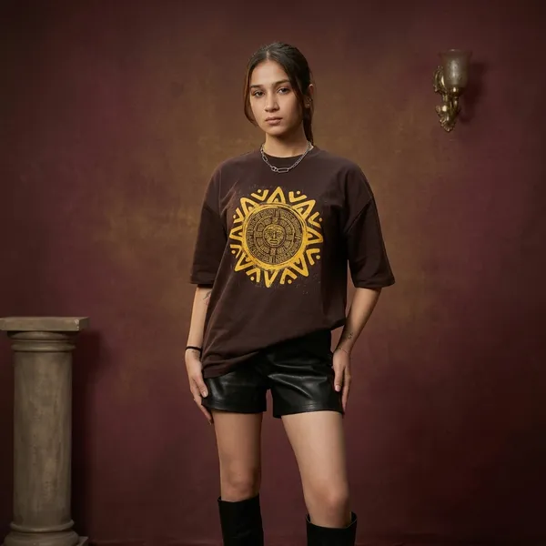 Brown_Cotton_Golden_Sun_Print_Oversized_T-Shirt_For_Women
