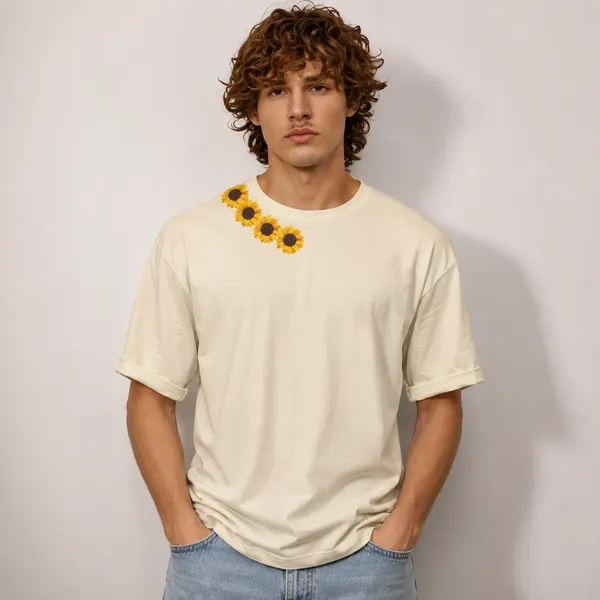 Beige_Cotton_Sunflower_Bloom_Oversized_T-Shirt_For_Men