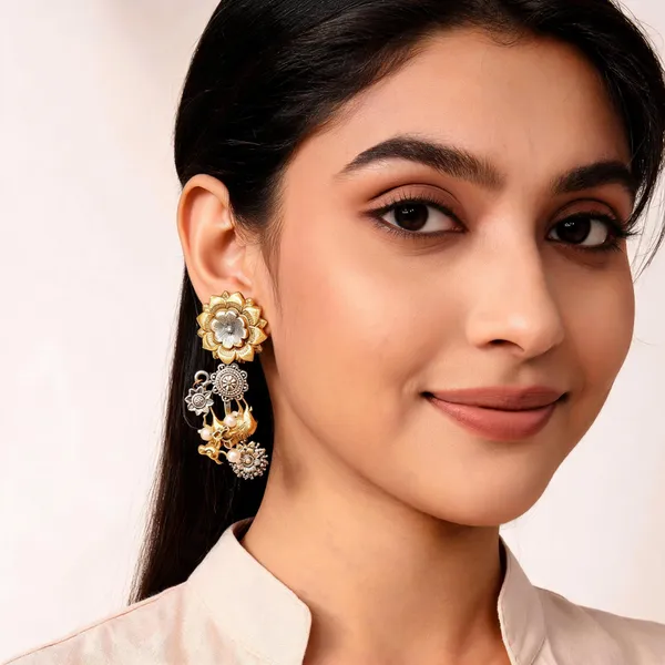 Gold_Silver_Brushed_Finish_Peacock_Floral_Dangle_Earrings_For_Women