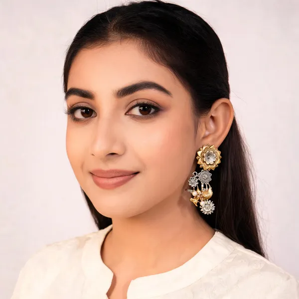 Gold_Silver_Brushed_Finish_Peacock_Floral_Dangle_Earrings_For_Women