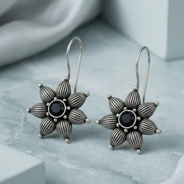 Silver_Brushed_Finish_Floral_Drop_Earrings_For_Women