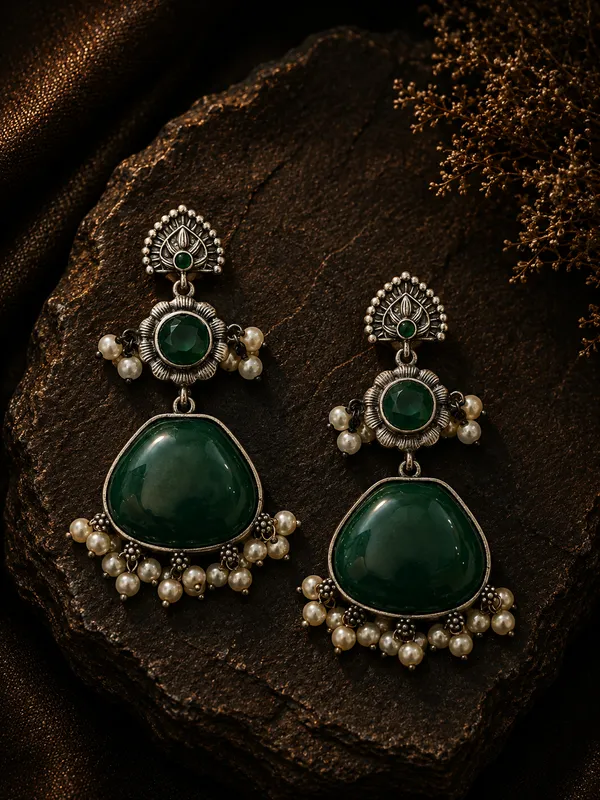 Green_Silver_Brushed_Finish_Stone_Drop_Earrings_For_Women