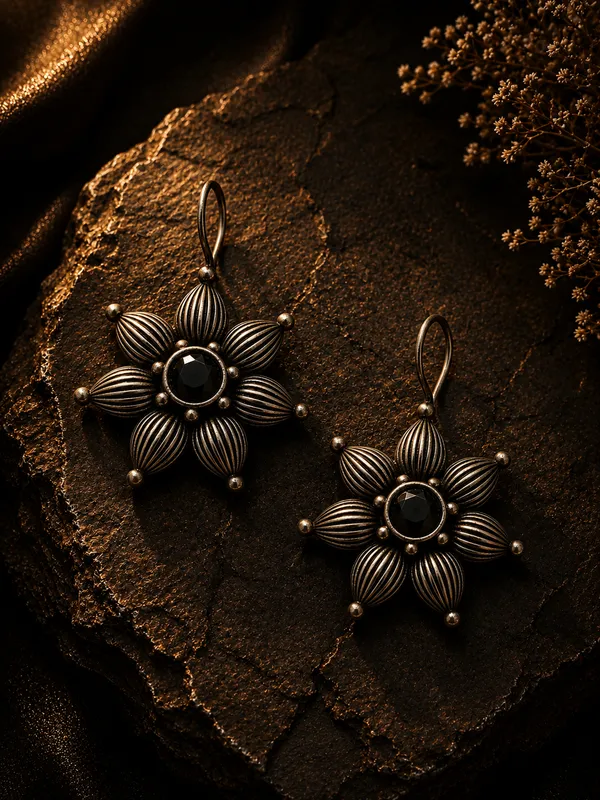 Silver_Brushed_Finish_Floral_Drop_Earrings_For_Women