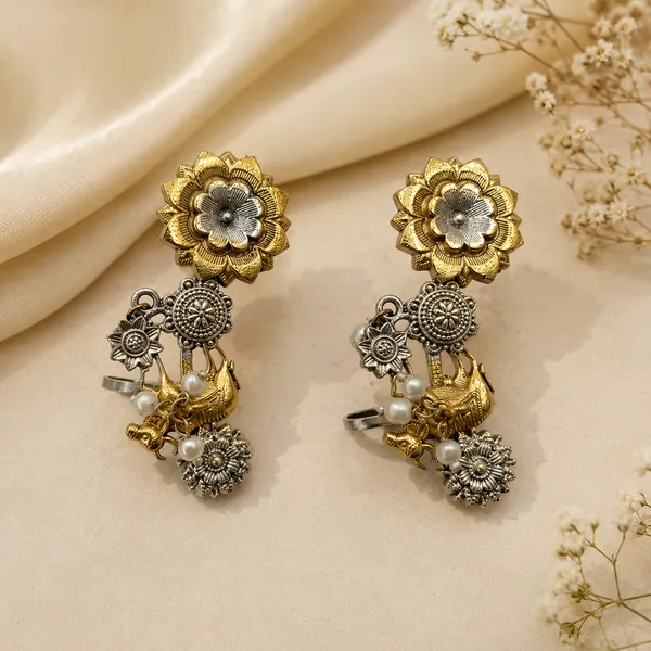 Gold_Silver_Brushed_Finish_Peacock_Floral_Dangle_Earrings_For_Women
