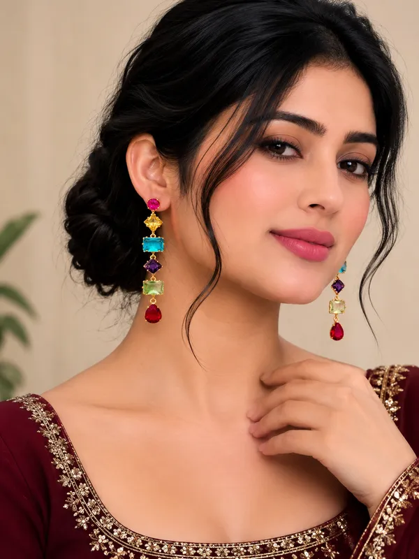 Multicolour_Gold_Plated_Stone_Drop_Earrings_For_Women