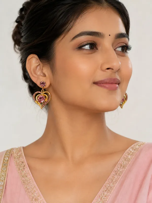 Pink_Gold_Plated_Heart_Stone_Drop_Earrings_For_Women