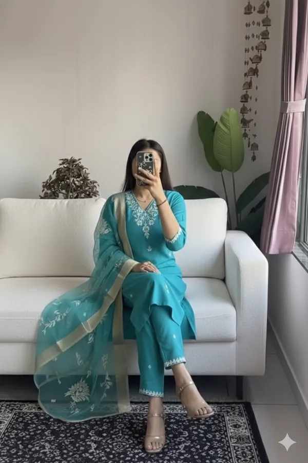 Turquoise_Embroidered_Straight_Kurta_Set_for_Women
