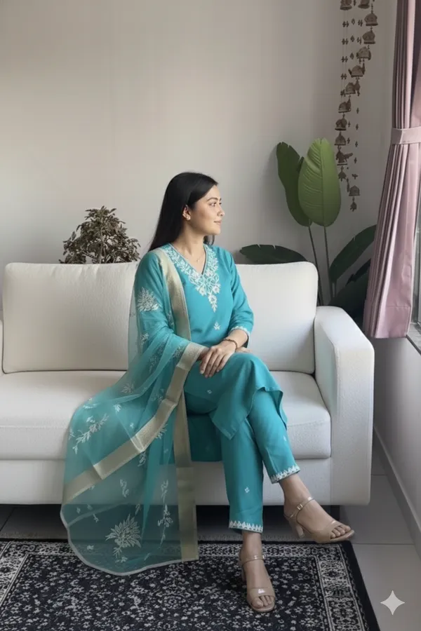 Turquoise_Embroidered_Straight_Kurta_Set_for_Women