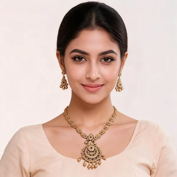Gold_Tone_Brass_Ad_Stone_Floral_Traditional_Necklace_Set_For_Women