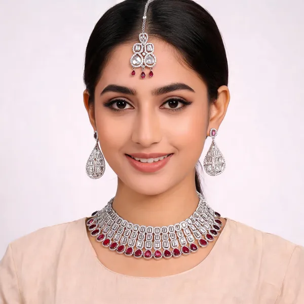 Silver_Brass_Maroon_Stone_Choker_Jewellery_Set_For_Women