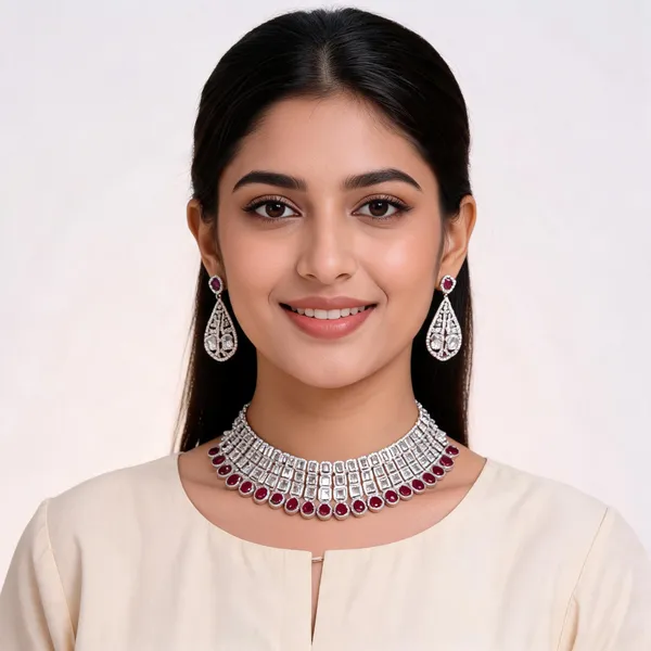 Silver_Brass_Maroon_Stone_Choker_Jewellery_Set_For_Women