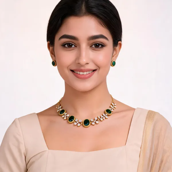 Gold_Brass_Green_Oval_Stone_Linked_Necklace_Set_For_Women