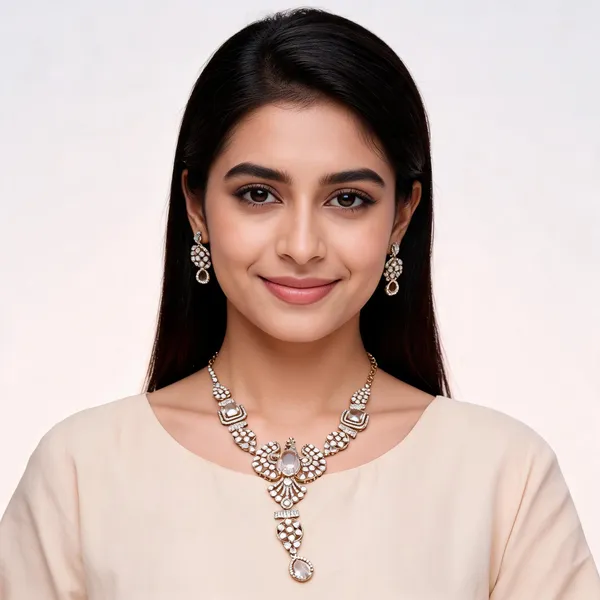 Gold_Tone_Brass_Ad_Stone_Floral_Layered_Necklace_Set_For_Women