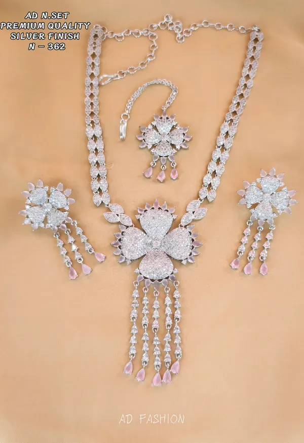 Silver_Brass_Floral_Stone_Necklace_Earrings_Maang_Tikka_Set_For_Women