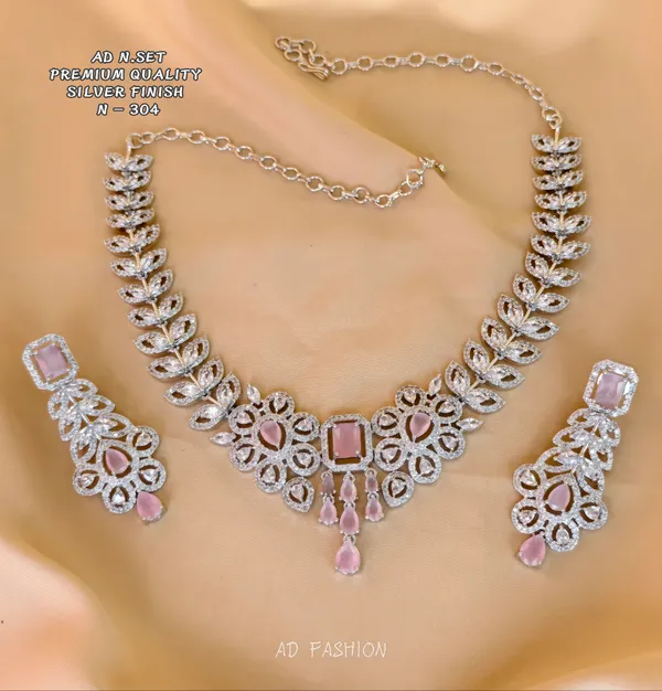 Silver_Finish_Brass_Pink_Stone_Floral_Necklace_Set_For_Women