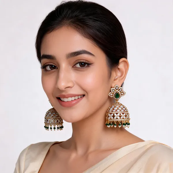 Gold_Brass_Green_Stone_Floral_Dome_Jhumka_Earrings_For_Women