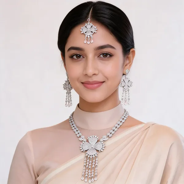 Silver_Finish_Brass_Floral_Leaf_Necklace_Set_For_Women