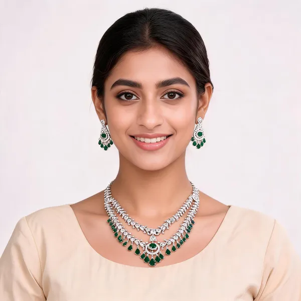 Silver_Finish_Brass_Green_Teardrop_Stone_Floral_Necklace_Set_For_Women