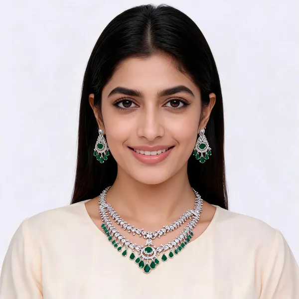 Silver_Finish_Brass_Green_Teardrop_Stone_Floral_Necklace_Set_For_Women