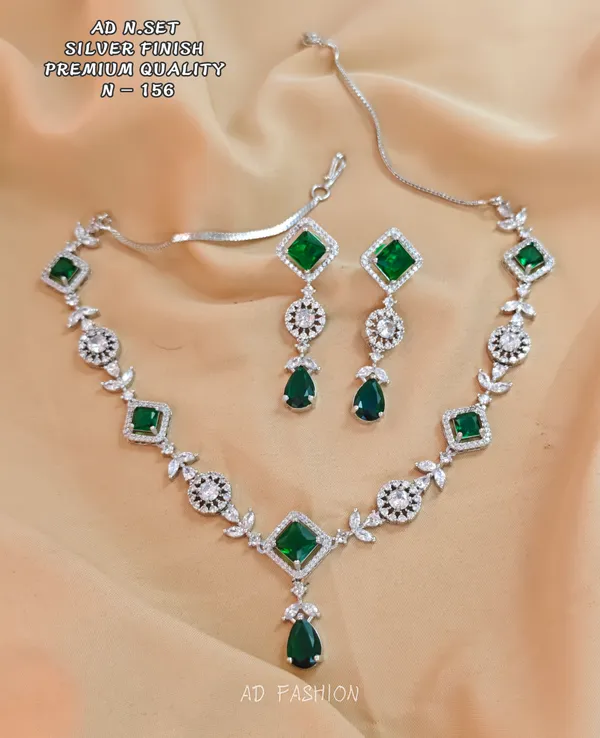 Silver_Finish_Green_Stone_Brass_Necklace_Set_For_Women