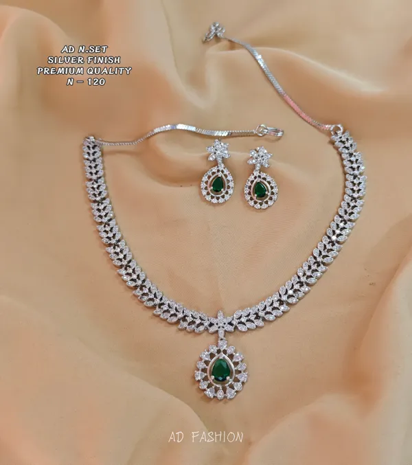 Silver_Finish_Brass_Green_Stone_Floral_Necklace_Earrings_Set_For_Women