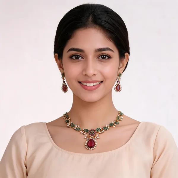 Gold_Tone_Brass_Red_Green_Floral_Necklace_And_Earrings_Set_For_Women