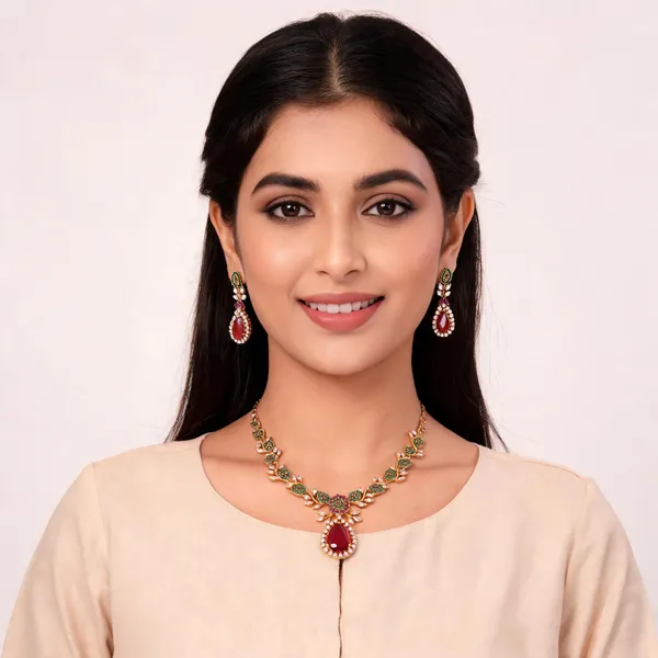 Gold_Tone_Brass_Red_Green_Floral_Necklace_And_Earrings_Set_For_Women