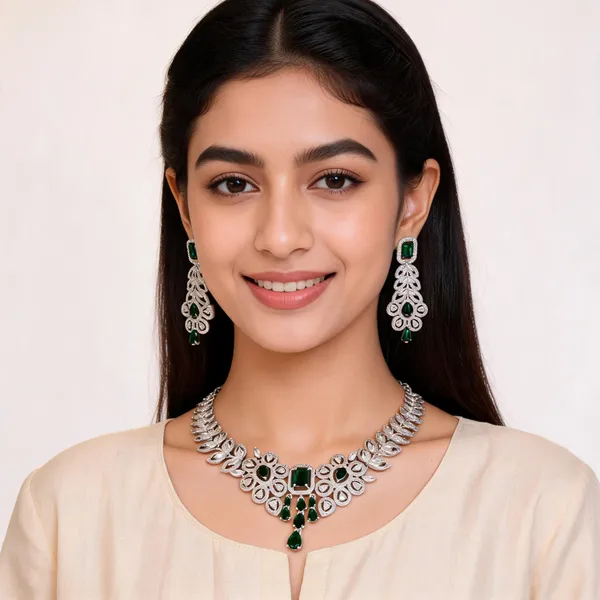 Silver_Finish_Green_Stone_Brass_Necklace_And_Earrings_Set_For_Women