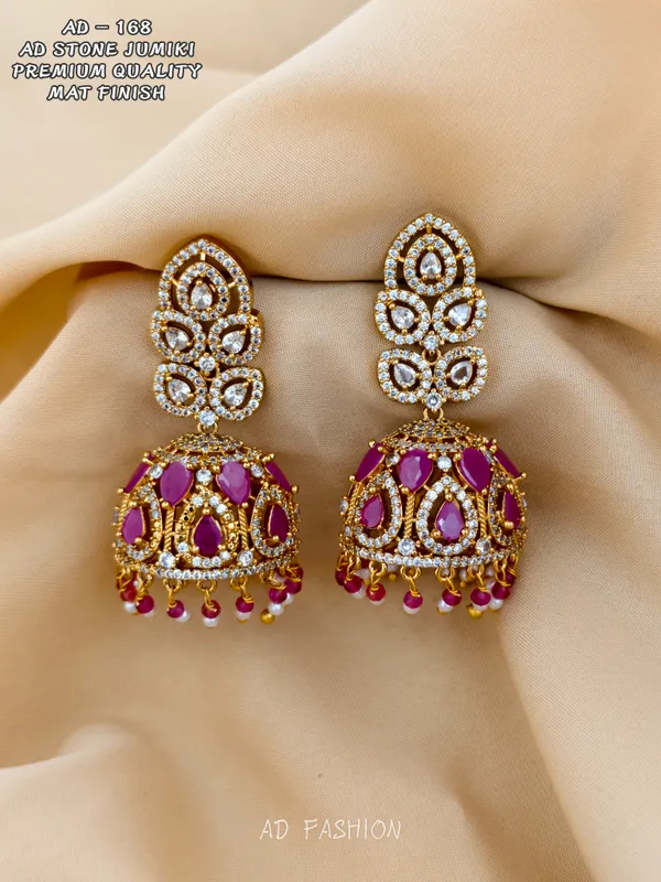 Gold_Brass_Magenta_Stone_Floral_Dome_Jhumka_Earrings_For_Women