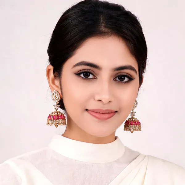 Gold_Brass_Pink_Stone_Floral_Dome_Jhumka_Earrings_For_Women