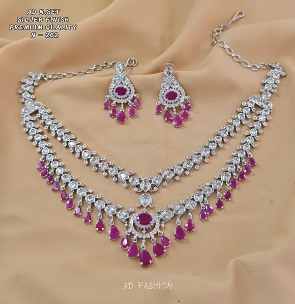 Silver_Brass_Magenta_Stone_Necklace_And_Earrings_Set_For_Women