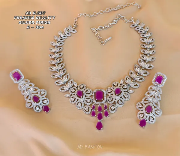 Silver_Finish_Brass_Magenta_Stone_Leaf_Floral_Necklace_Set_For_Women
