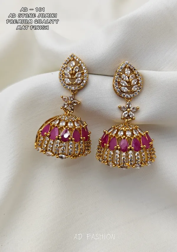 Gold_Brass_Pink_Stone_Floral_Dome_Jhumka_Earrings_For_Women