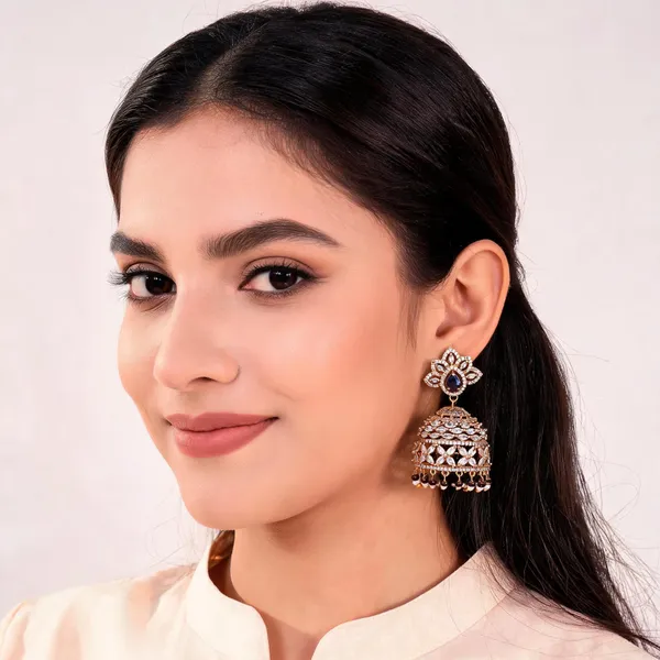 Gold_Tone_Brass_Blue_Stone_Floral_Jhumka_Earrings_For_Women