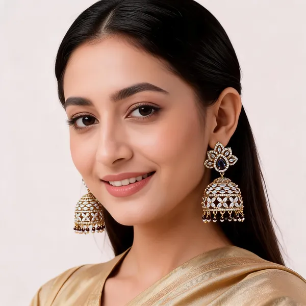 Gold_Tone_Brass_Blue_Stone_Floral_Jhumka_Earrings_For_Women