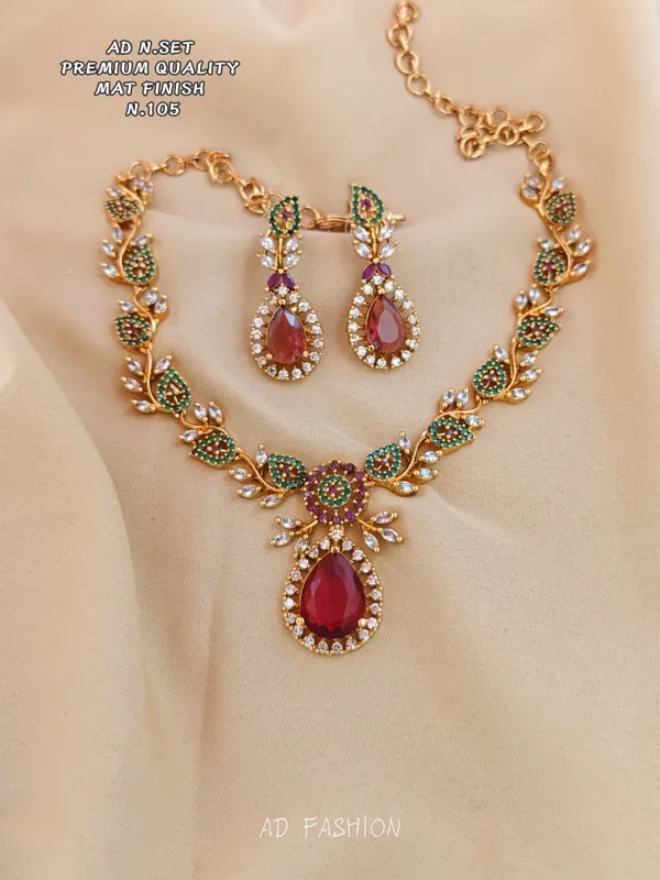 Gold_Tone_Brass_Red_Green_Floral_Necklace_And_Earrings_Set_For_Women