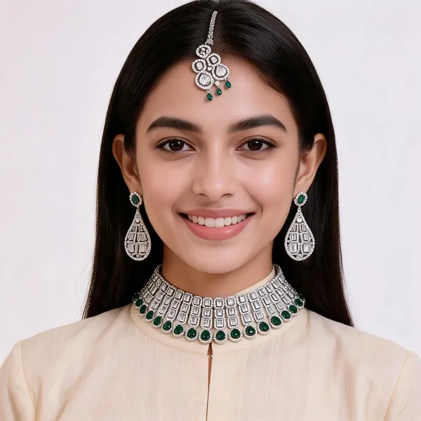 Silver_Brass_Green_Stone_Choker_Jewellery_Set_For_Women